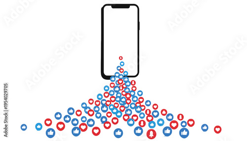 A smartphone icon with social media likes and comments pouring out