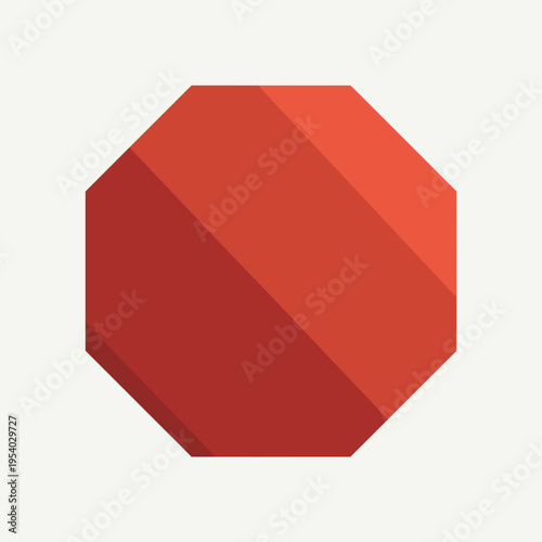 Flat design octagon shape in warm red color with subtle shadows. Represents geometric forms, minimalism, or architectural concepts. Useful for modern design and illustrative purposes.