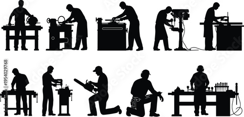 Woodworking, carpenter, silhouette, set, wood, worker, carpentry, craftsman, workshop, tools, lumberjack, joiner, equipment, bench, saw, lathe, drill, industrial, manufacturing, professional.