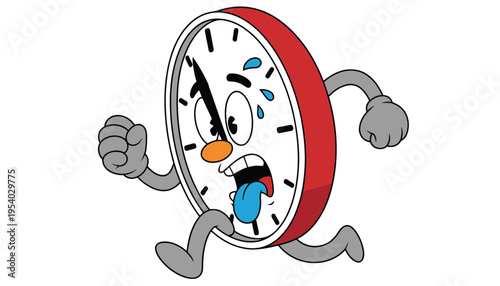 A clock character running with a worried expression on its face