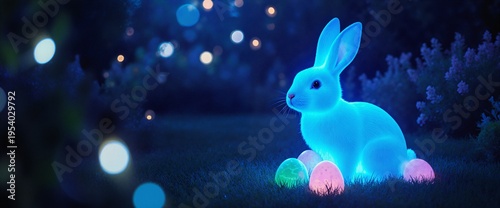 Glowing Easter blue bunny with easter eggs in magical night garden with bokeh lights
