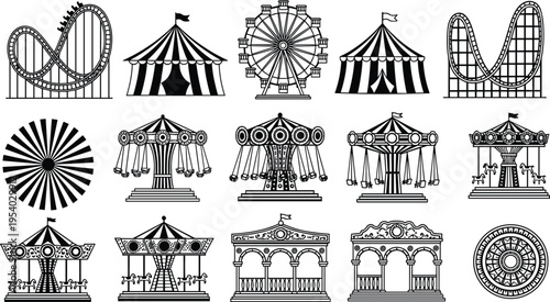 Amusement park icon set, circus tent, ferris wheel, roller coaster, and carousel silhouettes, carnival attractions vector illustration for fairground design