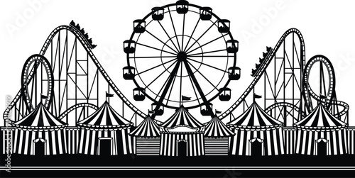  Amusement park silhouette illustration featuring ferris wheel, roller coaster, carnival circus tents, and theme park fairground attractions for summer entertainment background.