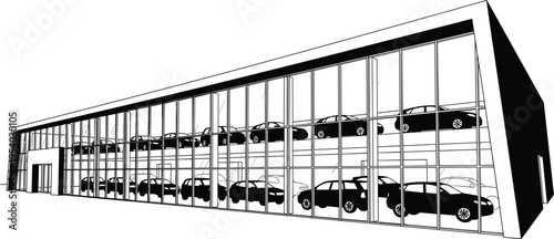 Modern, car, dealership, building, showroom, with, glass, facade, and, vehicle, silhouettes, interior, automotive, retail, architecture, vector, illustration, isolated, white, background.