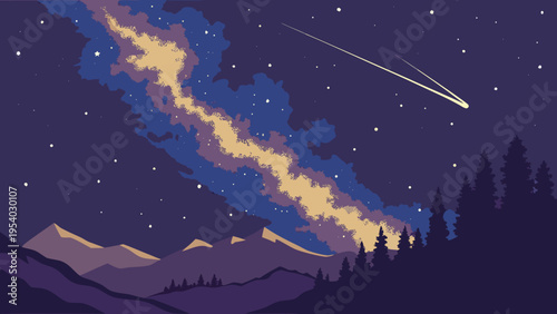 A vibrant vector illustration of a shooting star streaking across a starry night sky with a mountain range and trees in the foreground.