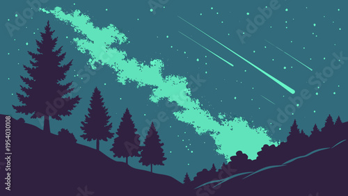 A minimalist vector illustration of a starry night sky with a shooting star and silhouetted trees on a hill