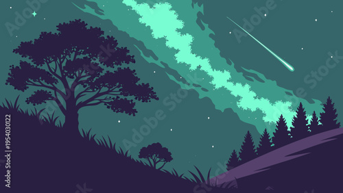 A minimalist vector illustration of a starry night sky with a shooting star and silhouetted trees on a hill