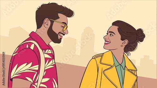 A cartoon illustration of a smiling couple in a city setting