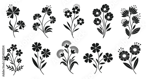 A collection of various types of flowers in a symmetrical arrangement on a white background