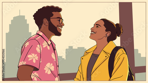 A smiling couple in casual attire standing together in front of a city skyline