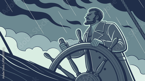 A determined captain steers his ship through a stormy weather with a strong and focused expression.