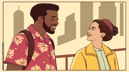 A smiling couple in a city setting, with a man wearing a pink floral shirt and a woman in a yellow jacket.