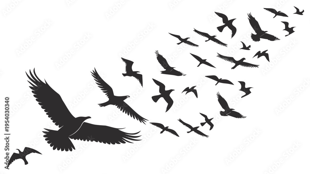 Fototapeta premium A flock of birds in flight depicted as a minimalist black silhouette vector graphic