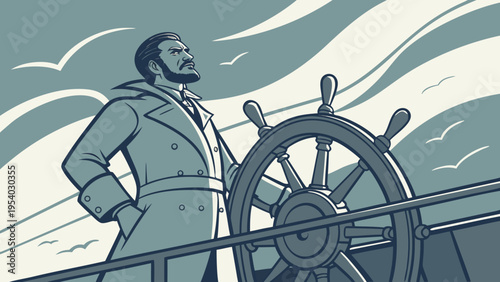 A confident captain standing at the helm of a ship, steering through rough seas with determination and leadership.