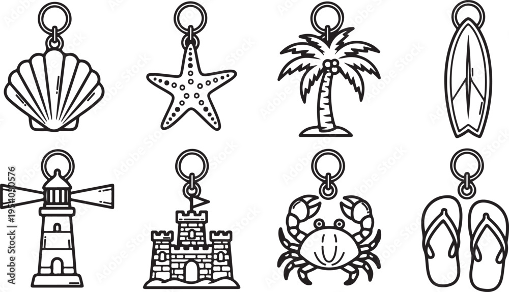 Naklejka premium Assorted beach-themed keychain designs in black and white line art Vector