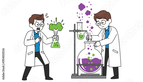 Two cartoon scientists in lab coats working with colorful chemicals in beakers