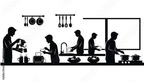 Kitchen silhouette illustration of people preparing food and drinks