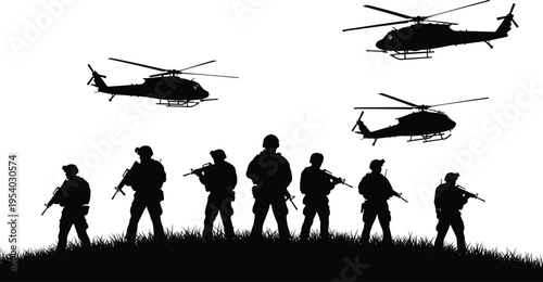 Military, soldiers, silhouette, with, helicopters, special, forces, combat, mission, army, infantry, patrol, tactical, operation, war, battlefield, vector, illustration, isolated, white, background.