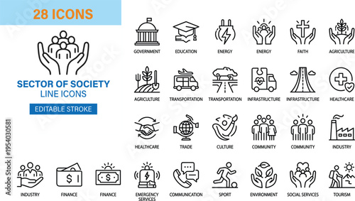 Sector of society line icon set covering government finance education healthcare industry energy transportation infrastructure community and environment