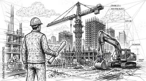 Professional architect holding blueprints overlooking high rise building construction site with cranes and excavators in wireframe style.