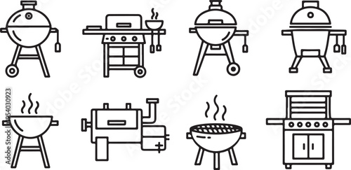 A variety of different types of grills and smokers for outdoor cooking. Vector