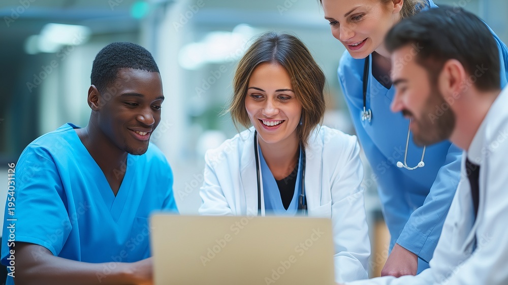 Fototapeta premium A group of healthcare professionals discussing treatment options with a patient using a laptop in a clinical setting. teamwork, medical consultation