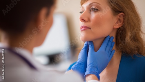 A healthcare professional examining a woman’s neck during a medical checkup in a clinical setting.