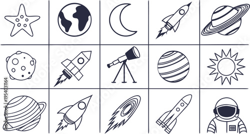 Hand Drawn Space Icons Set with Planets, Rocket, Moon, Telescope and Astronaut Line Art