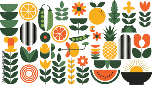 Vibrant flat design composition showcases colorful stylized fruits, vegetables, and flowers across a bright white field.