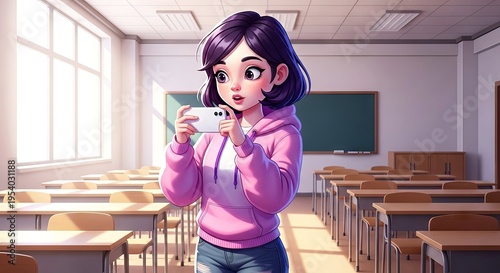 Young girl taking photo with smartphone in classroom setting  