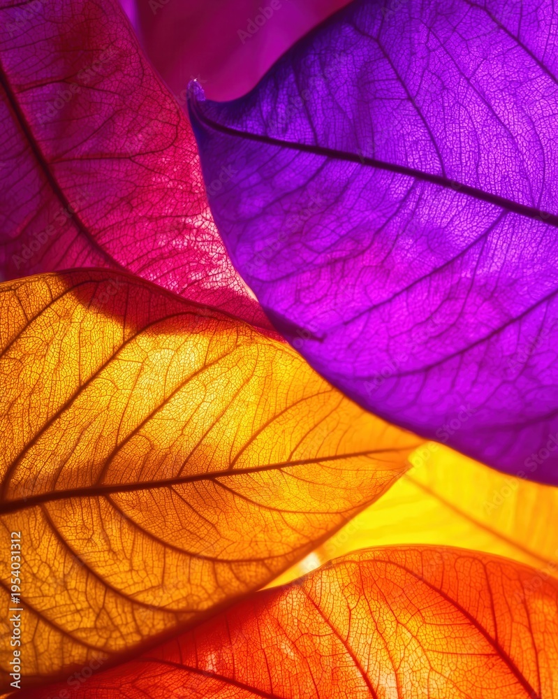 Obraz premium Close-up of overlapping backlit skeleton leaves glowing in purple, pink and orange tones