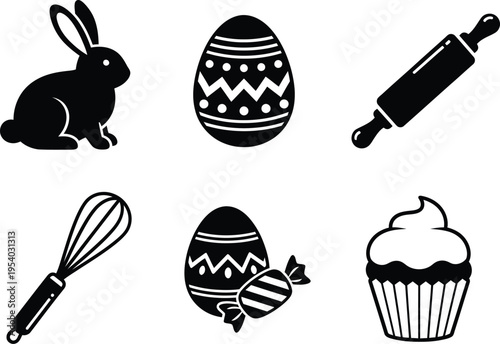 a collection of black and white easter themed icons including a bunny eggs baking tools and a cupcake high quality professional