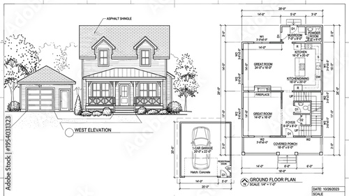 Traditional house west elevation and ground floor plan architectural drawing set technical building blueprint residential property design
