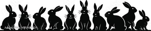 a silhouette illustration depicts a line of ten rabbits in various poses against a cream background showcasing their unique forms