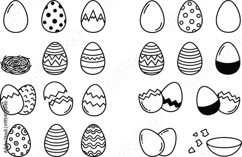 a collection of black and white easter egg illustrations with varied patterns and a cracked shell depiction high quality professional detailed