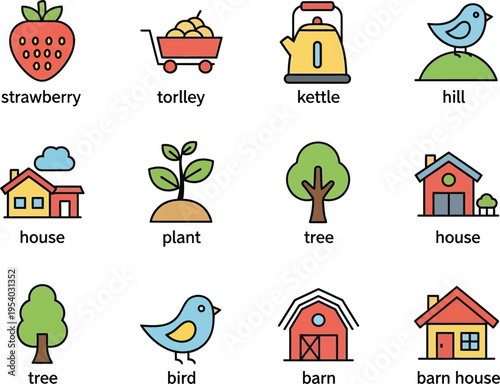 a collection of colorful flat design icons depicts various elements from nature and rural life including plants houses and animals