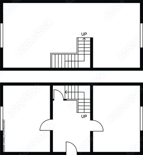 Two story residential house floor plan vector showing ground and first floor levels with central staircase layout