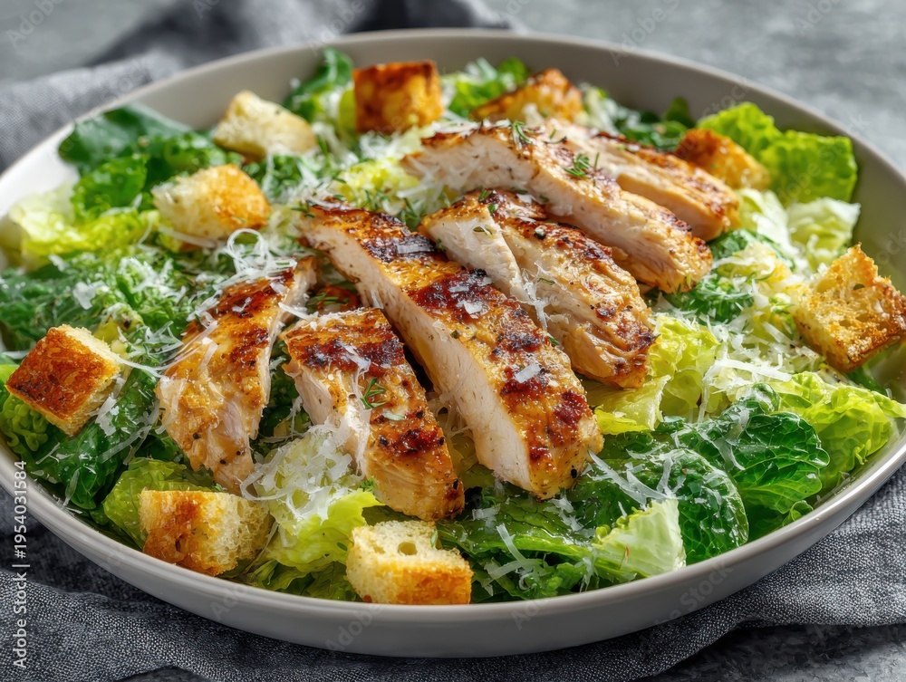 Fototapeta premium Caesar salad with grilled chicken, parmesan cheese, and croutons served in a round dish on a textured gray surface with a soft fabric backdrop