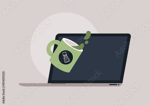 A colorful cup tips over, spilling tea onto a sleek laptop, adding an unexpected twist to a regular workday, This spill brings a mix of surprise and laughter in a cozy home office.