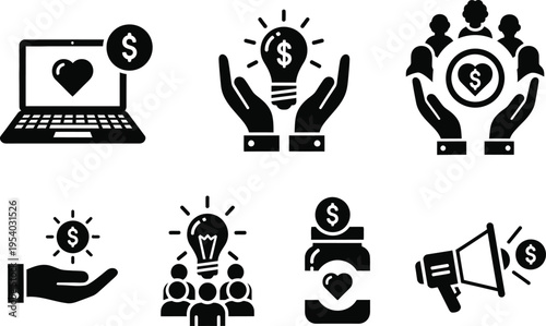 A collection of black glyph icons depicting financial growth support teamwork ideas and digital investment opportunities with a focus on monetary gain
