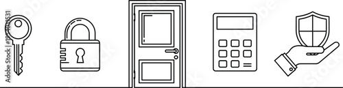 Security, and, home, insurance, icons, set, featuring, key, padlock, door, calculator, and, shield, in, hand, continuous, line, art, vector, illustration.
