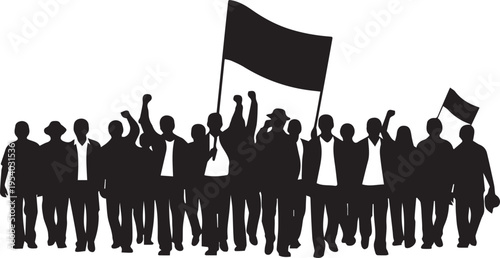 People silhouette with flags vector illustration, protest line art graphic for labor day