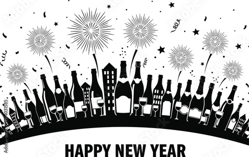 A black and white illustration depicts a cityscape with celebratory bottles and fireworks illuminating the new year festivities high quality professional