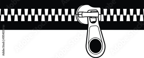 A simple black and white illustration showcasing a partially open zipper with a visible slider and teeth design high quality professional
