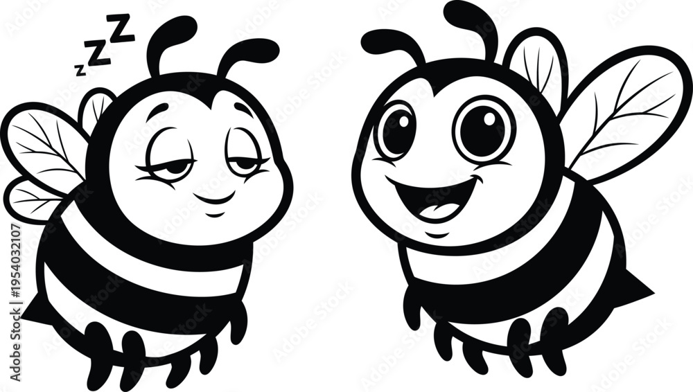 Naklejka premium two adorable cartoon bees are depicted one sleeping peacefully with zzz s and the other cheerfully smiling showcasing contrasting moods and designs