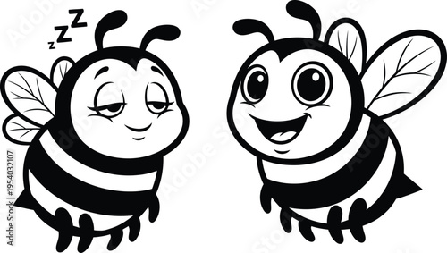 two adorable cartoon bees are depicted one sleeping peacefully with zzz s and the other cheerfully smiling showcasing contrasting moods and designs