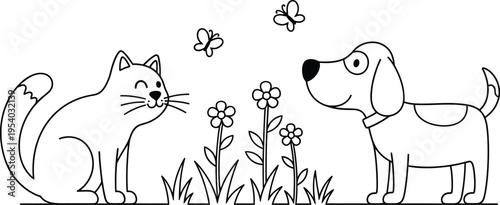 a charming black and white illustration depicts a playful cat a cheerful dog flowers and butterflies in a simple garden scene