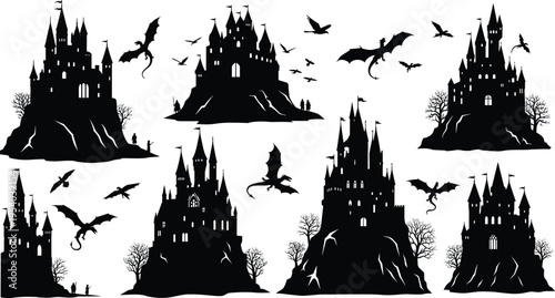 Fantasy, medieval, castle, silhouettes, set, with, flying, dragons, magical, kingdom, towers, fortress, dark, fairytale, storytelling, vector, illustration, isolated, white, background.