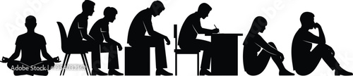 People silhouettes collection in various sitting poses, meditation, studying, waiting, and depressed postures set, black vector flat illustration isolated on white