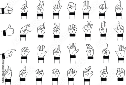 A collection of monochrome illustrations depicting various hand gestures and finger counts showcasing different signals and expressions high quality professional detailed
